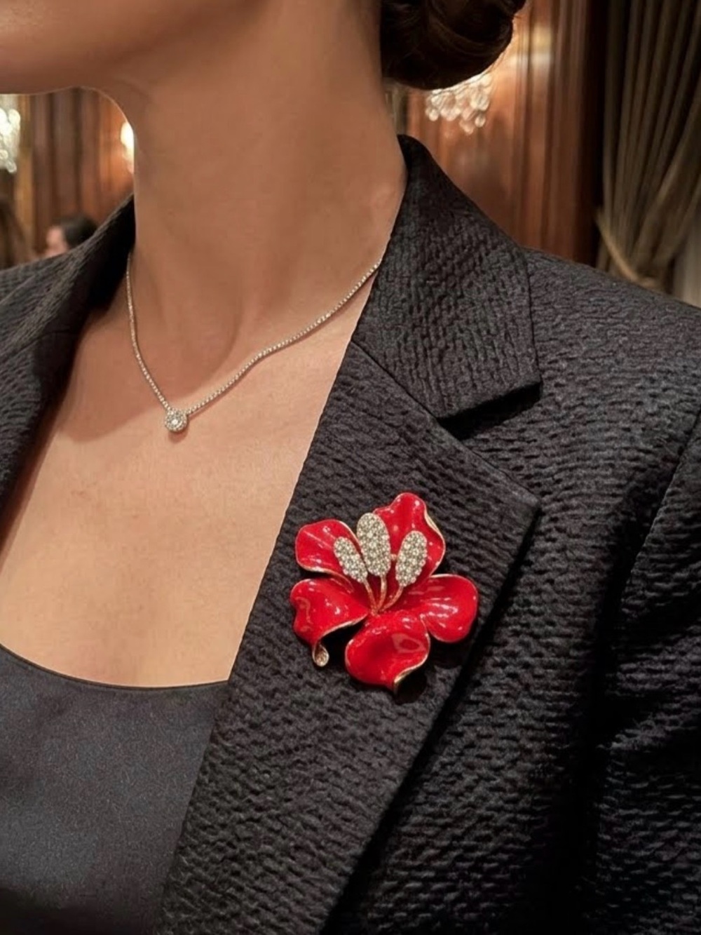 Red Floral Crystal Flower Brooch for Women
